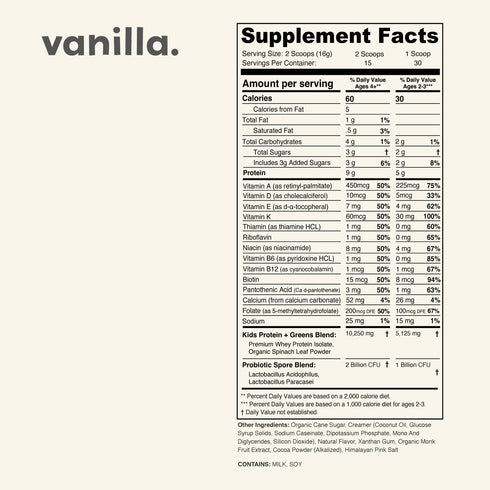 Vanilla Mighty Milk - Kids All-in-One Daily Protein Powder & Multivitamin with Probiotics - 15-30 Servings