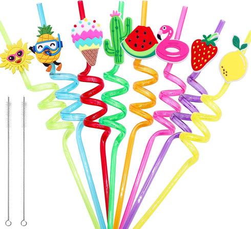 Summer 24 Pack Reusable Drinking Straws for Pool Party Decorations, Beach Fruit Party Favors, Hawaiian Themed Goodie