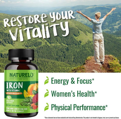 NATURELO Vegan Iron Supplement with Vitamin C, Organic Whole Foods - Gentle Iron Pills for Women & Men, 90 Mini Capsules