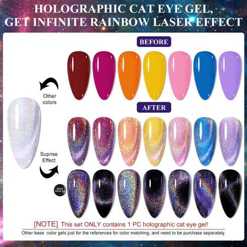 MIZHSE 10ml Universal Rainbow Cat Eye Gel Polish, Laser Holographic 9D Soak Off LED U V Nail Art Varnish with Magnetic