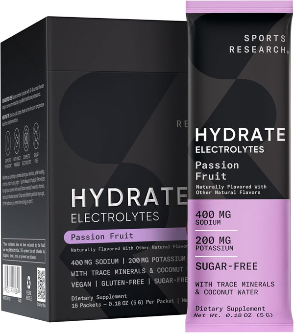 Sports Research Hydrate Electrolytes Powder Packets - Sugar-Free & Naturally Flavored with Vitamins, 16 Packets
