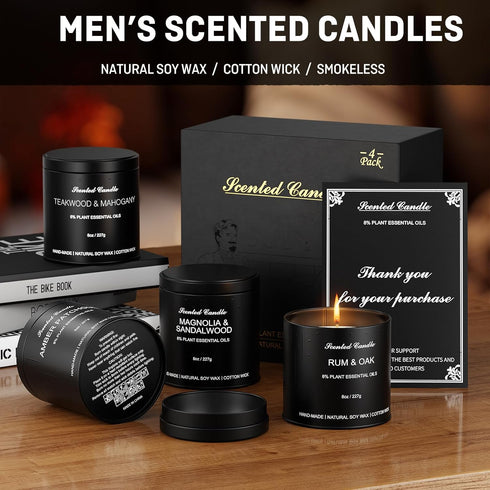 HOMAMAMOON Set 4 Pack 8oz 8% Men's Scented Candles Gift - Luxury Masculine Scented Candles for Men, Natural Soy Wax