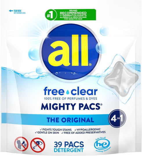 all Mighty Laundry Detergent Pacs, Free Clear for Sensitive Skin, Unscented, 39 Count
