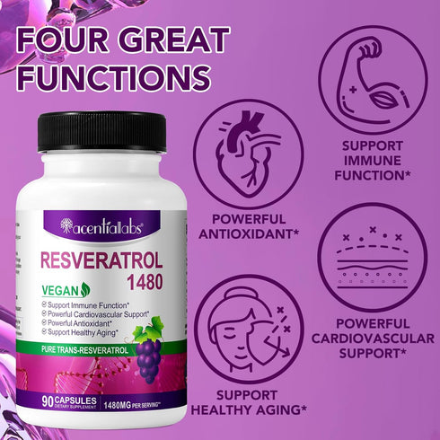 Resveratrol 1,480MG with Quercetin - 90 Vegan Capsules for Healthy Aging, Immune System, Cardiovascular & Joint Support