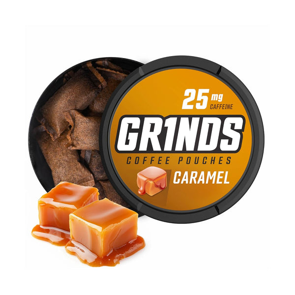 Grinds Coffee Pouches, 3 Cans of Caramel, 18 Pouches Per Can, Tobacco Free & Nicotine Free Healthy Alternative