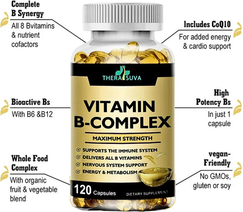 Max Strength Vitamin B-Complex + CoQ10 + Vitamin C - Energy & Metabolism Support Supplement - 120 Softgels