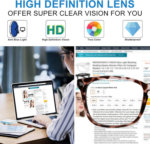 4 Packs Reading Glasses 1.0 for Women, Blue Light Blocking Square Computer Readers, Various Strengths Available