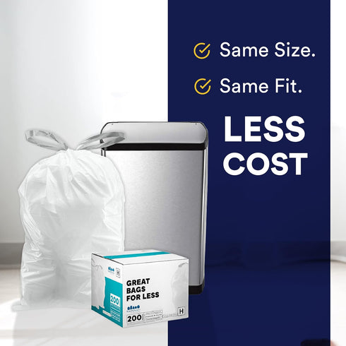 Plasticplace Custom Fit Trash Bags, Compatible with simplehuman Code E (100 Count) White Drawstring Garbage Liners