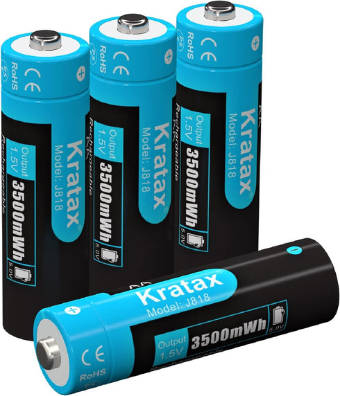 Kratax 1.5V Rechargeable AA Lithium Batteries 4 Pack Upgraded 3500mWh High Capacity 3A