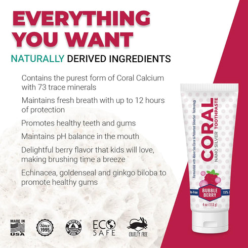 Coral Nano Silver Bubble Berry Kids Toothpaste - Natural Fluoride Free Teeth Whitening Toothpaste, 4 Ounces