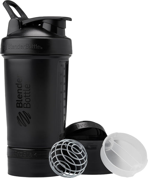 BlenderBottle Shaker Bottle with Pill Organizer and Storage for Protein Powder, ProStak System, 22 Ounce, Midnight Black