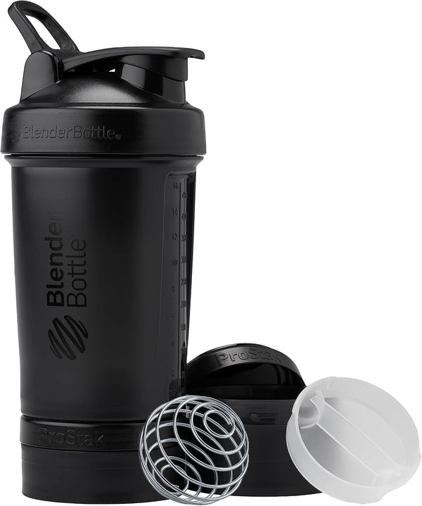 BlenderBottle Shaker Bottle with Pill Organizer and Storage for Protein Powder, ProStak System, 22 Ounce, Midnight Black