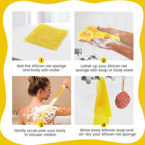 African Net Sponge, Authentic Exfoliating Body Scrubber for Bath and Shower, Yellow