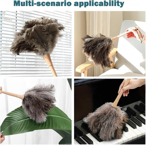 Feather Duster - Genuine Ostrich Feathers with Wooden Handle, Reusable Handheld Cleaning Supplies, Gray and Brown