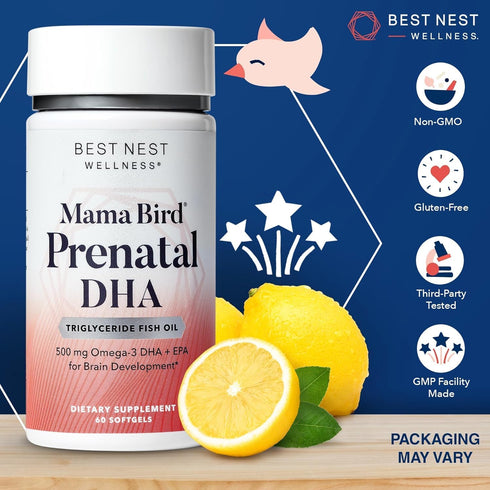 Best Nest Wellness Mama Bird Prenatal DHA Vitamin, 500 mg Triglyceride Fish Oil, Easy to Swallow Lemon Flavor, 60 Ct