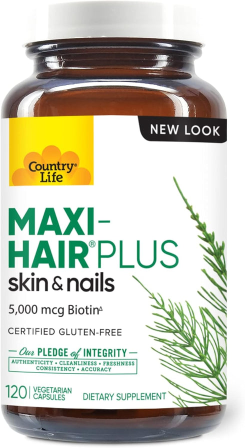 Country Life Maxi-Hair Plus with 5,000mg Biotin - Healthy Hair, Skin & Nails Support Supplement - 120 Vegetarian