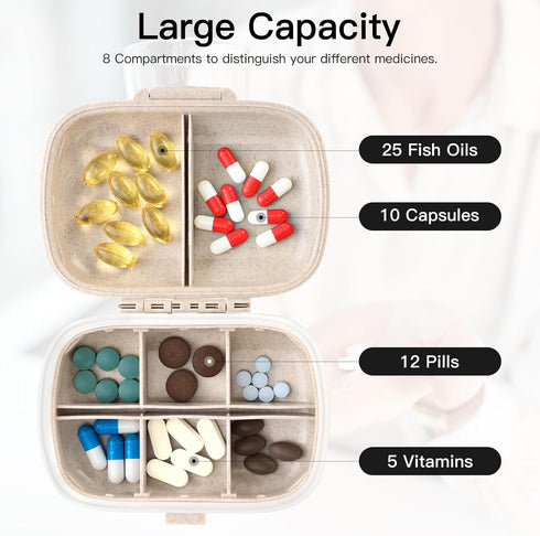Soleebee Portable 8 Compartments Daily Pill Organizer, Bling Crystal Diamond Pill Box, Small Travel Pill Case, Pill Dispenser, Medicine Container Organizer to Hold Vitamin, Fish Oil (AB)