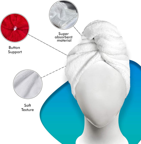 KEEPOZ Hair Towel Wrap - Quick Dry 100% Cotton Super Absorbent Turban Head Wrap for Women, 2 Pcs