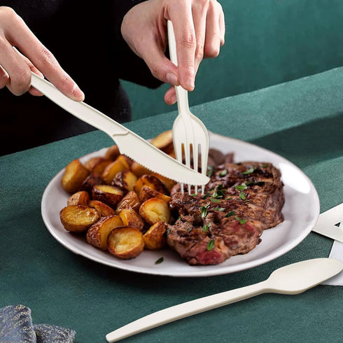 100% Compostable Heavy Duty Forks and Spoons, Biodegradable Disposable Cutlery for Parties, BBQ, Weddings