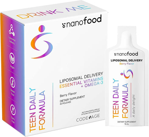 Codeage Multivitamins for Teens, Liquid Vitamin C, A, B6, B12, D3, E, Biotin, Zinc, Omega-3, Folate - Vegan, 30 Pouches