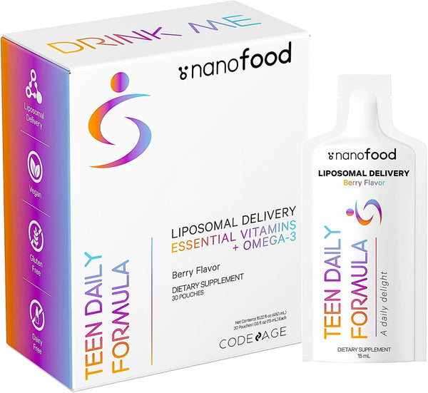 Codeage Multivitamins for Teens, Liquid Vitamin C, A, B6, B12, D3, E, Biotin, Zinc, Omega-3, Folate - Vegan, 30 Pouches