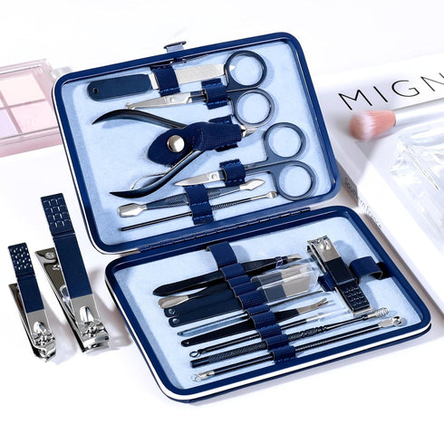 Manicure Set Pedicure Kit, Nail Clippers Set with 18 Pieces Grooming Tools for Women and Men, Fine Case (Dark Blue)
