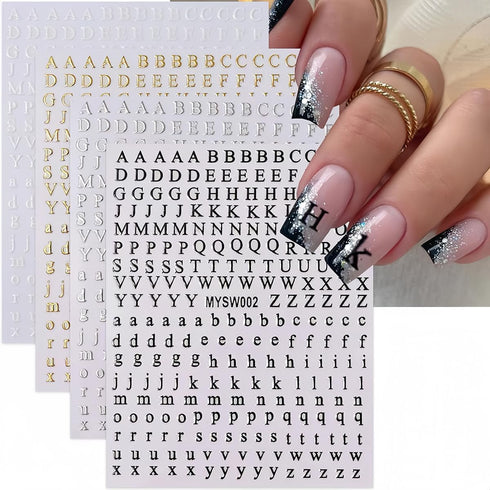Letters Nail Art Stickers, English Alphabet 3D Self-Adhesive Metallic Gold Silver Decals for DIY Manicure Supplies