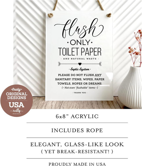 6x8 Inch Septic System Flush Only Toilet Paper, Not Hopes & Dreams, Designer Bathroom Sign ~ Ready to Hang ~ Premium Finish, Durable (1)