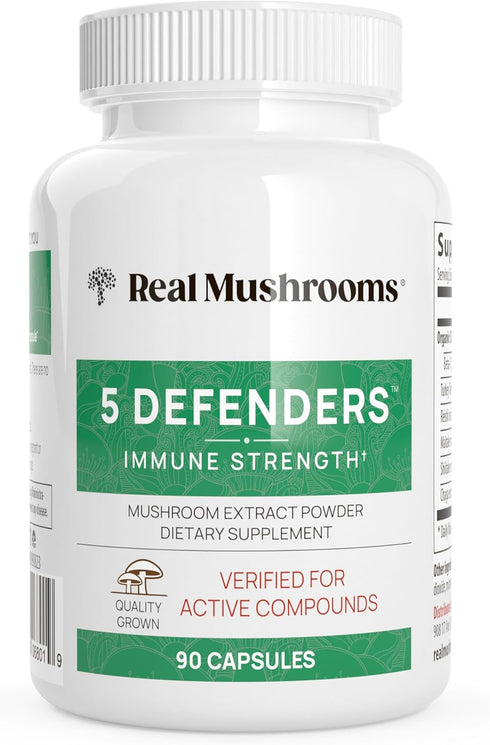 Real Mushrooms 5 Defenders Capsules - Organic Mushroom Extract for Focus and Immune Support - Vegan, 90 Caps