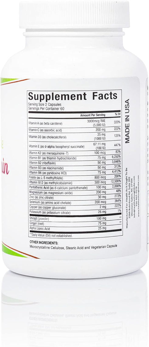 Health As It Ought To Be Highly|Absorbable Daily Multivitamin with Shilajit, MethylB12, Methylfolate, and Vitamin K2 MK7 Supplement | 120 Capsules