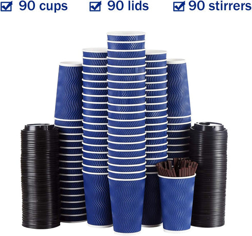 Kindpack 16 oz (90 Set) Disposable Coffee Cups with Lids and Straws - Togo Hot Paper Coffee Cup with Lid To Go