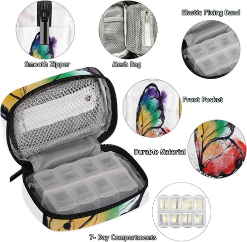 Honeybaby Colorful Butterfly Pill Case Bag Portable Weekly Pill Organizer Travel Pill Organizer Case Bag with Zipper