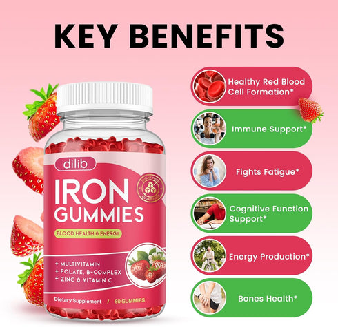 Gummies B12, 60 Gummies Iron with Multivitamin, Iron Supplement for Women & Men with Zinc, Vitamin B Complex & C
