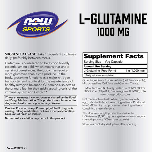 Now Foods L-Glutamine 1000 mg Supplement, 240 Capsules