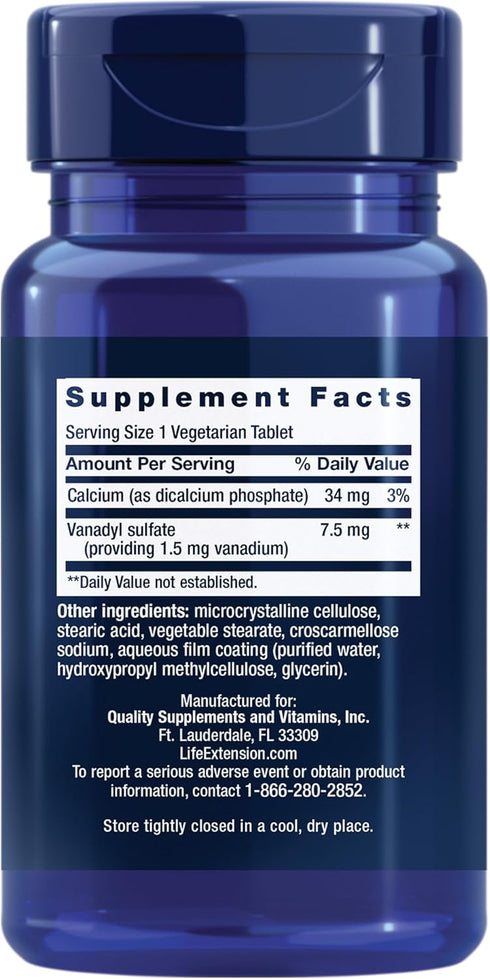 Life Extension Vanadyl Sulfate, trace mineral, vanadium, healthy glycemic balance, healthy metabolism, hormone function, Gluten-Free, Non-GMO, Vegetarian – 100 Tablets