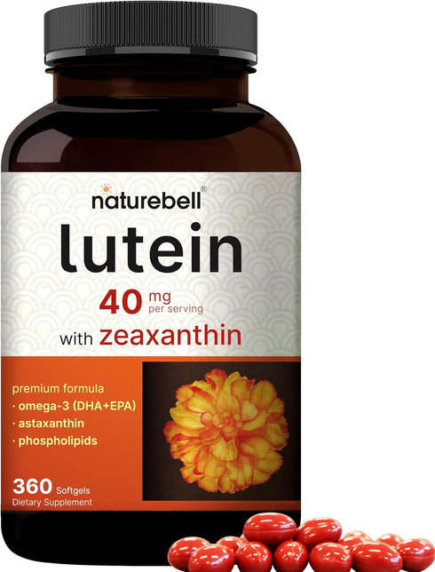 Lutein 40mg and Zeaxanthin 1,600mcg - 360 Softgels with Omega-3s, Astaxanthin & Phospholipids for Eye Antioxidant