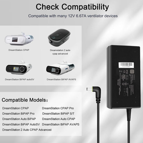 12V 6.67A Charger for Dreamstation, 80W Power Supply for BiPAP CPAP Models DSX520H11C, DSX510T11C
