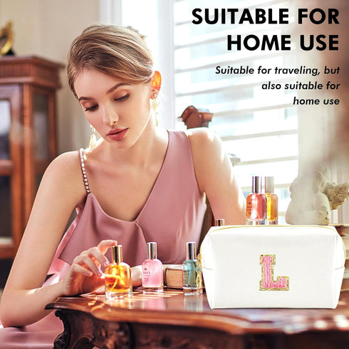Initial Makeup Bag Personalized Preppy Travel Small Cosmetic Bag, Cute PU White Chenille Letter Pouch for Women