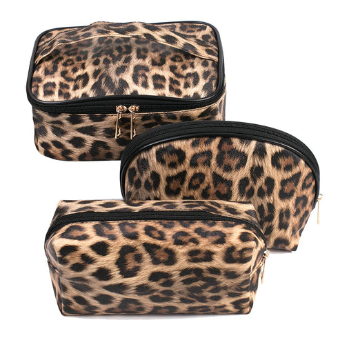Makeup Bag Leopard 3 Pack, Portable Travel Toiletry Bag Organizer with Small Brush Holders, Waterproof Storage Case for