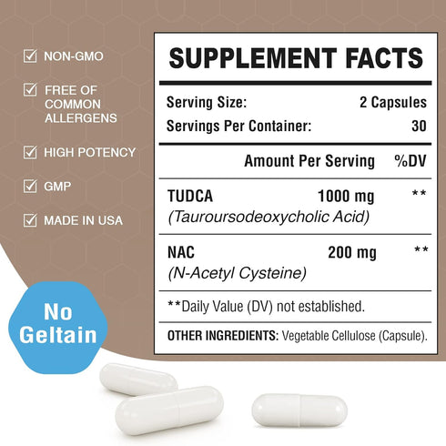 TUDCA with NAC Supplement 1200mg, 60 Capsules, Powerful Antioxidant for Liver and Digestion Support