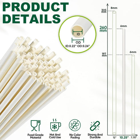 10 Inch Long White Paper Drinking Straws, 0.24" Diameter, 100 Counts