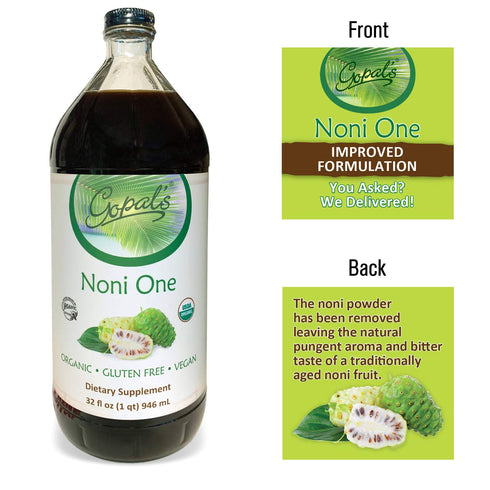 Gopals Noni One 100% Pure Organic Noni Juice, 32oz Glass Bottle, Gluten-Free & Vegan