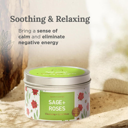 MAGNIFICENT 101 Sage & Roses Aromatherapy Candle for Space Cleansing - 6 oz Soy Wax - Long-Lasting Fragrance &