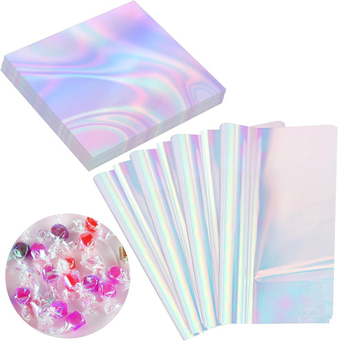 Prudiut 150 Pieces Cellophane Sheets Iridescent Cellophane Wrap for Easter Gift Wrap, Holographic Candy Wraps (9 x 9