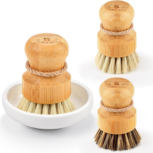 SUBEKYU Bamboo Dish Scrub Brushes, Kitchen Wooden Cleaning Scrubbers Set for Washing