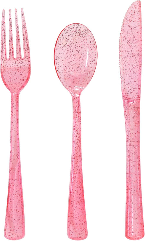 Plastic Utensils Set - 150 Pack Pink Silverware - 50 Forks, 50 Knives, 50 Spoons for Birthday, Wedding, Baby Shower