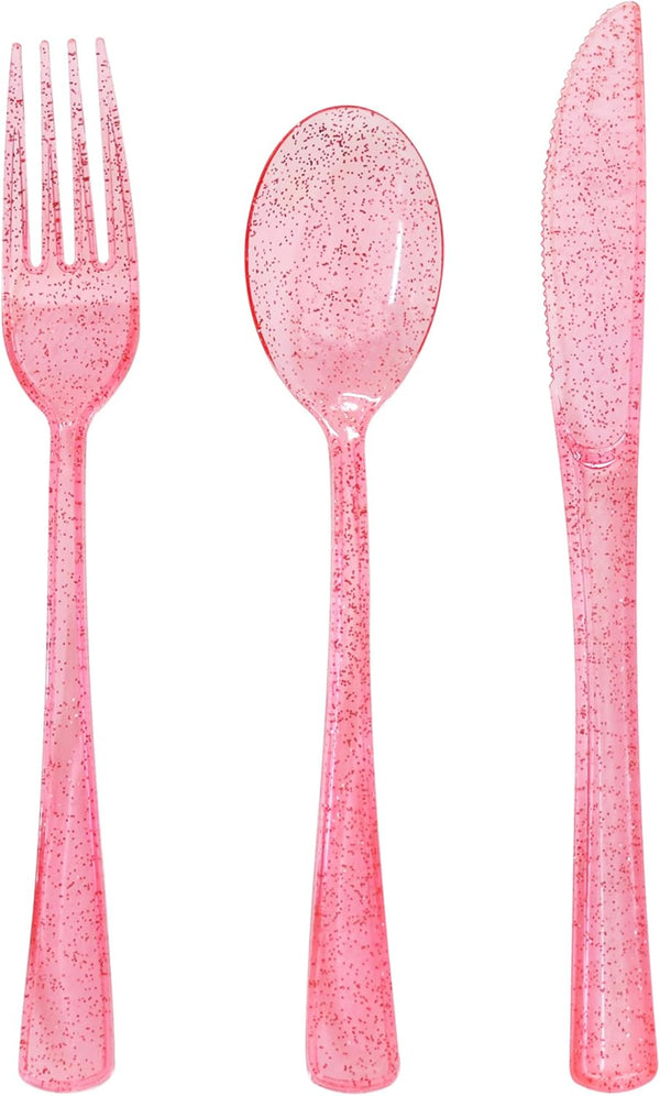 Plastic Utensils Set - 150 Pack Pink Silverware - 50 Forks, 50 Knives, 50 Spoons for Birthday, Wedding, Baby Shower