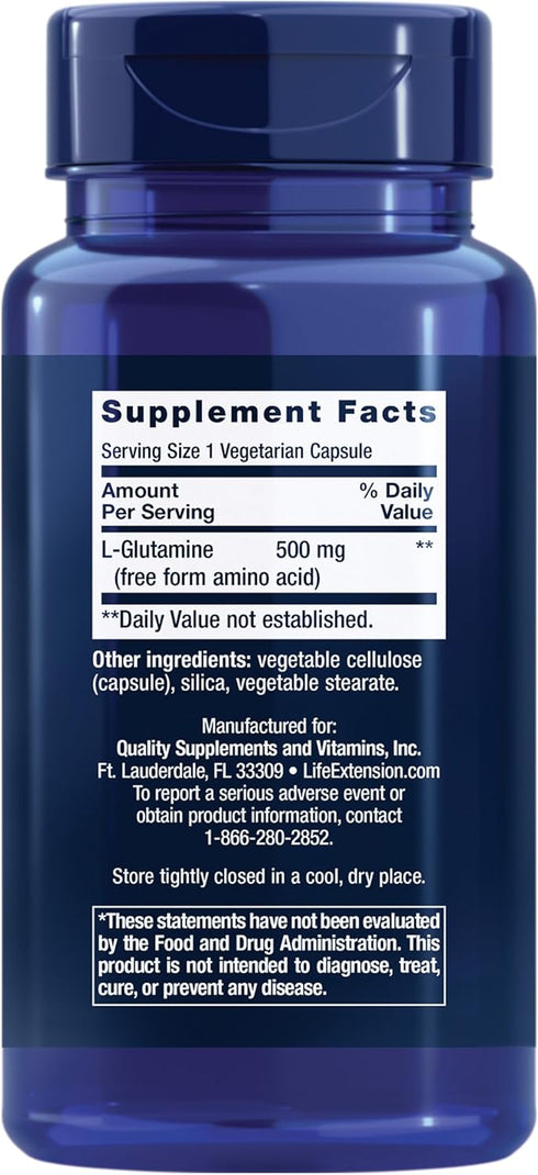 Life Extension L-Glutamine, 500 mg L-glutamine, amino acid, supports muscle health and immune health, gluten-free, non-GMO, 100 vegetarian capsules