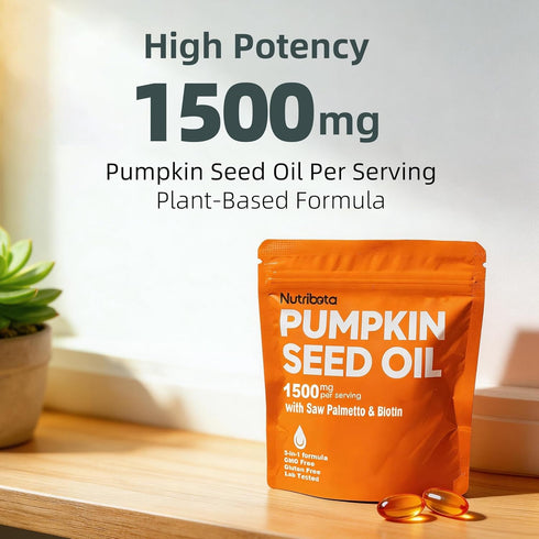Nutribota 1500 3-in-1 Pumpkin Seed Oil Supplement mg per Serving with Saw Palmetto & Biotin, Advanced Plant-Based Mens