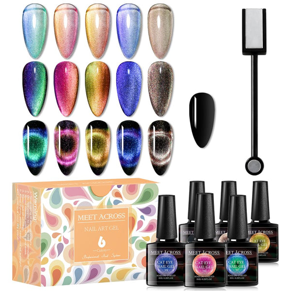MEET ACROSS 9D Cat Eye Gel Nail Polish Set - 6 Colors Soak Off UV LED Light Magnetic Gel Kit with Free Magnet Stick